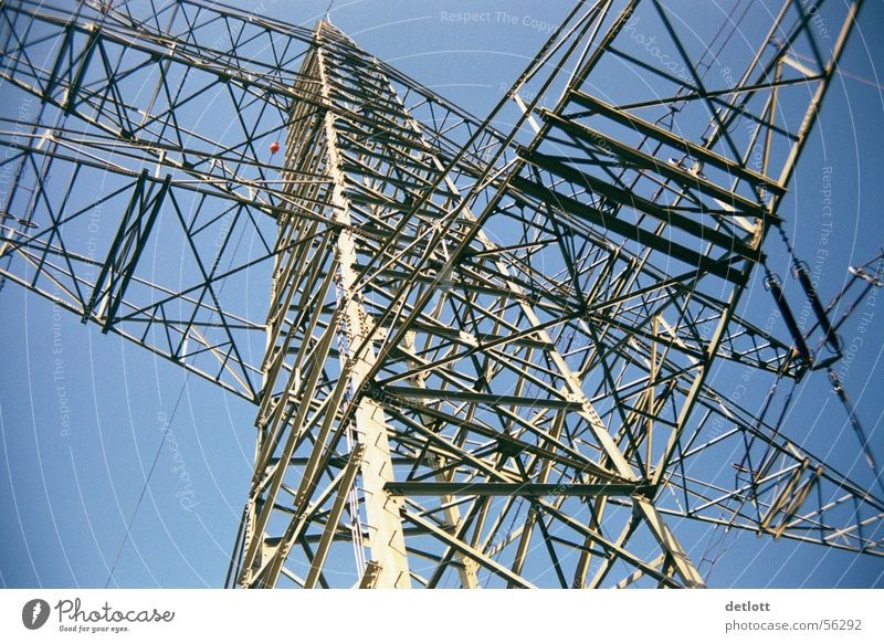 steel giant Electricity pylon Steel Colossus Extreme Services Electrical equipment Technology Aviation Sky Blue Perspective Structures and shapes Line Massive