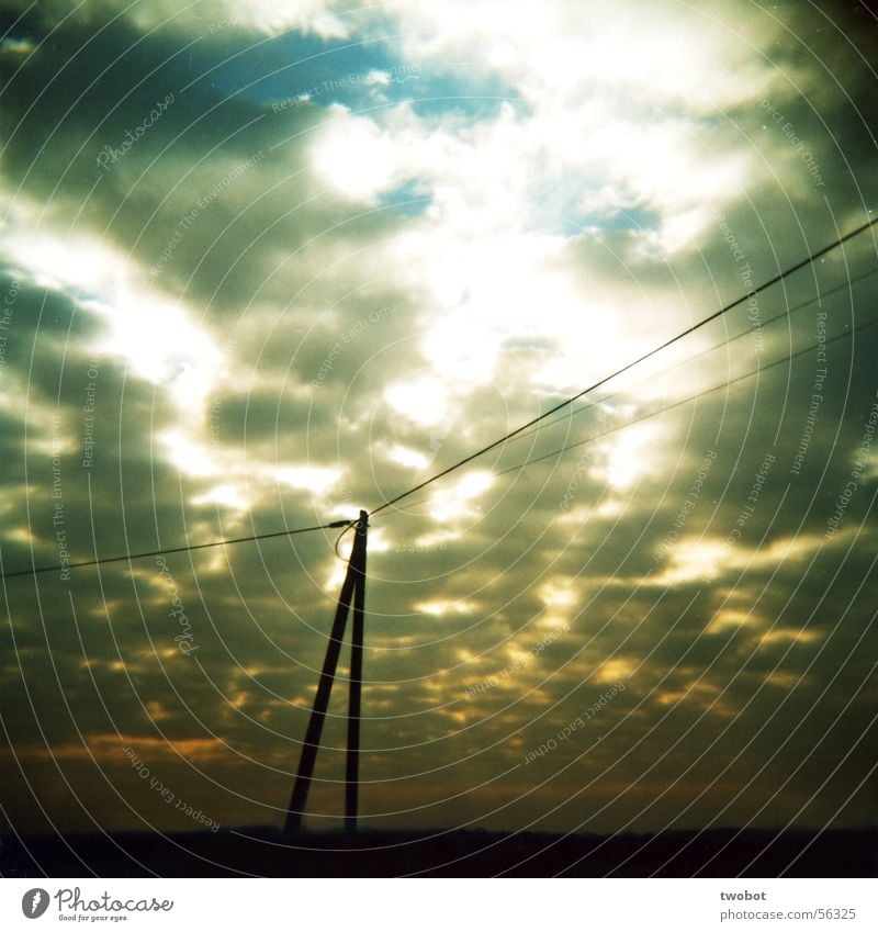 Light and shadow Clouds Rain Sunrise Sunset Apocalypse Friendliness Evil Lighting Electricity Power High-power current Electricity pylon White Gray Yellow Holga