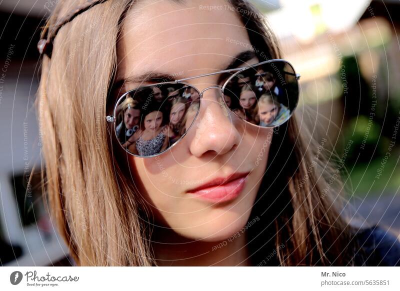 Group photo with lady Reflection Sunglasses portrait Face Head Feminine small group of people Youth (Young adults) teenager Girl Lips Long-haired Creativity
