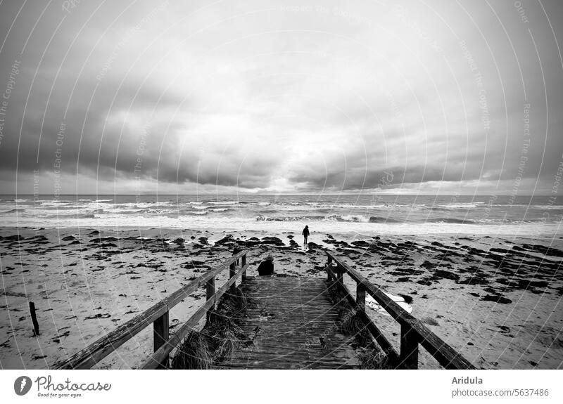 Jetty on the stormy Baltic Sea b/w Ocean Clouds Beach Waves coast Sky Water Horizon Vacation & Travel Landscape Sand Tourism Deserted Far-off places Relaxation