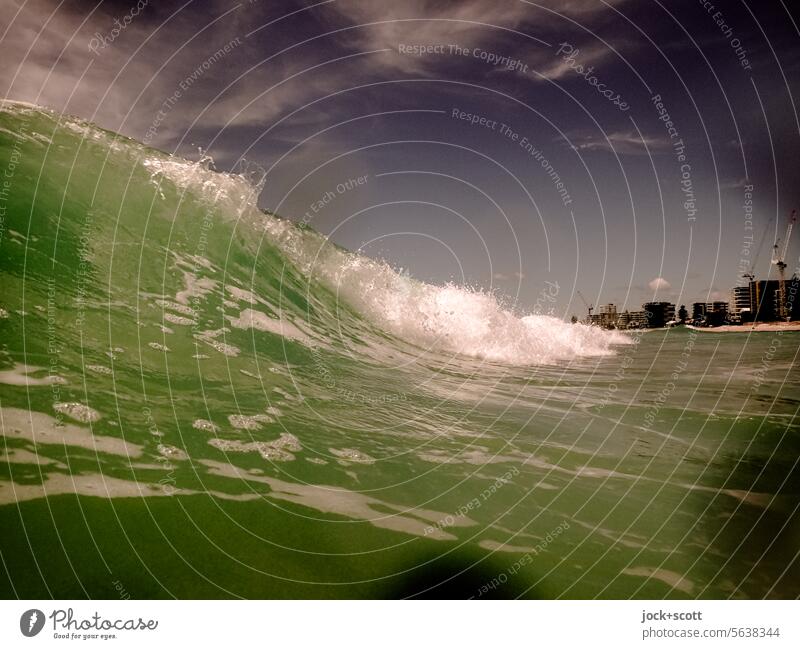 big wave off Tallebudgera Wave break Wave action Crest of the wave Nature Pacific Ocean White crest Movement Elements Australia Swell coast Undulation Sky