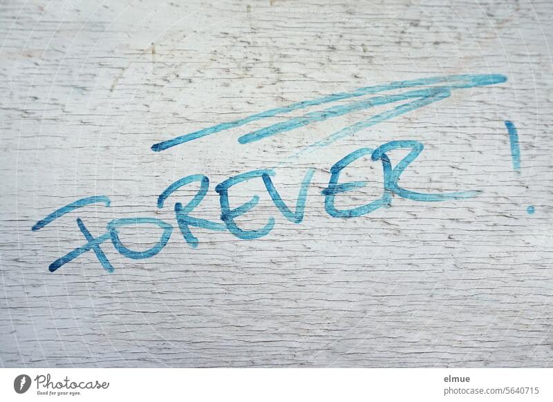 let's see what happens I FOREVER ! is written in blue on a gray wall forever definitively permanently Continuous English Graffiti Promise temporise Final