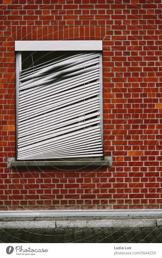 red brick and a window with a broken external blind Brick Brick wall Window exterior blind Venetian blinds slanting Vacancy Town urban Wall (building) Facade