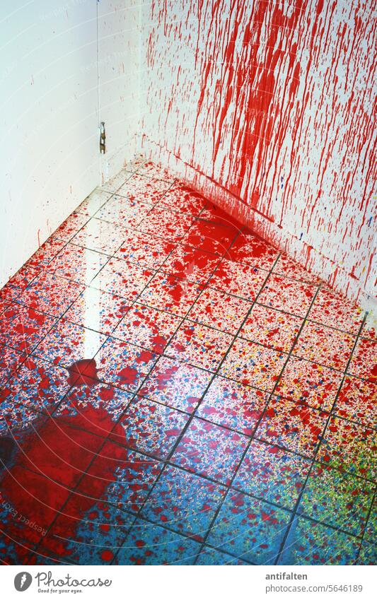 splatter Colour colourful Toilet Wall (building) Room door variegated graffiti Graffiti Tile Red Blood bloody Drop Ground Corner Interior shot Museum Art