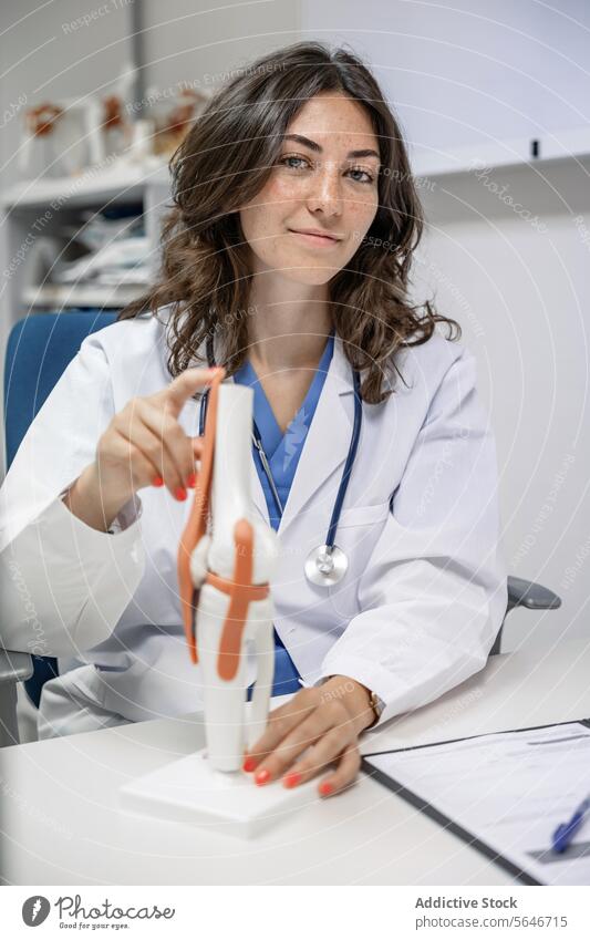 Happy woman doctor sitting at table with tendon and muscle figurine in clinic uniform smile stethoscope show health care clipboard friendly female young