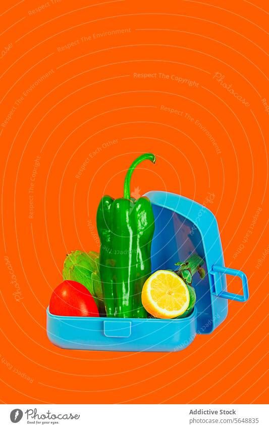 Healthy lunch box with fresh vegetables on orange background bell pepper lemon healthy food vibrant color nutrition diet meal prep lunchtime container plastic
