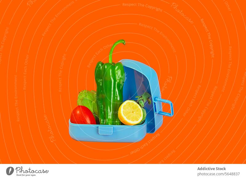 Colorful lunchbox with fresh vegetables on orange background green bell pepper lettuce tomato lemon slice vibrant color contrast healthy food container open