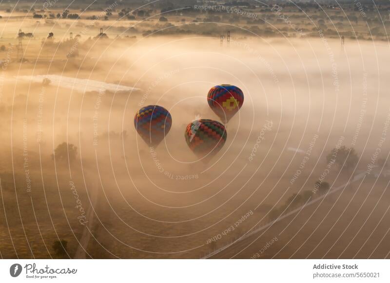 From above several colorful hot air balloons rise above a fog-engulfed landscape with the sun casting a soft glow on the scene sunrise Teotihuacan outdoor