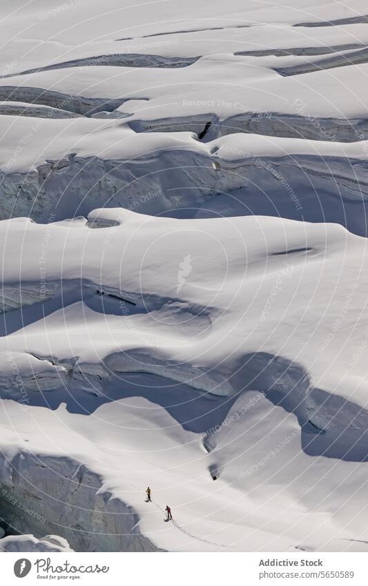 Aerial view of anonymous skiers in warm clothes Traversing a Snow-Covered Glacier in Zermatt, Switzerland glacier snow ice ridge trail alpine terrain