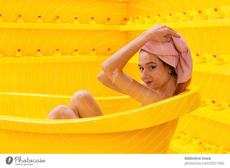 Woman in contemplative Bathtub Moment woman towel bathtub yellow rubber duck relaxation leisure wellness bright color self-care calm bathroom monochrome spa