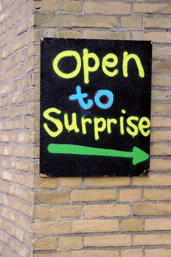 open to surprises Open Surprise Blackboard Arrow writing Text house wall Wall (barrier) Wall (building) Load business gallery Museum astonishment inspire