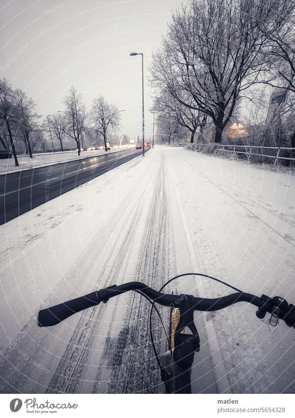 Dangerous Bicycle Winter Snow Smoothness Street uncleared Exterior shot Transport