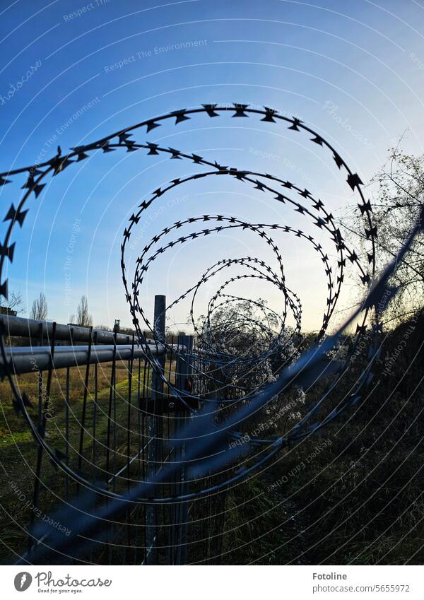 The barbed wire on the fence is intended to keep unauthorized persons away from the Lost Place. Barbed wire Fence Border Barbed wire fence Barrier Threat Metal