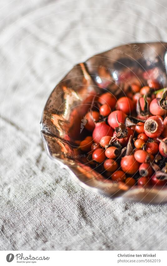 Rosehips in an old silver bowl Rose hip fruits Bowl Rose fruits Vitamin-rich autumn fruits Vitamin C Fruit Linen Red Silver bowl rose hip tea natural-coloured