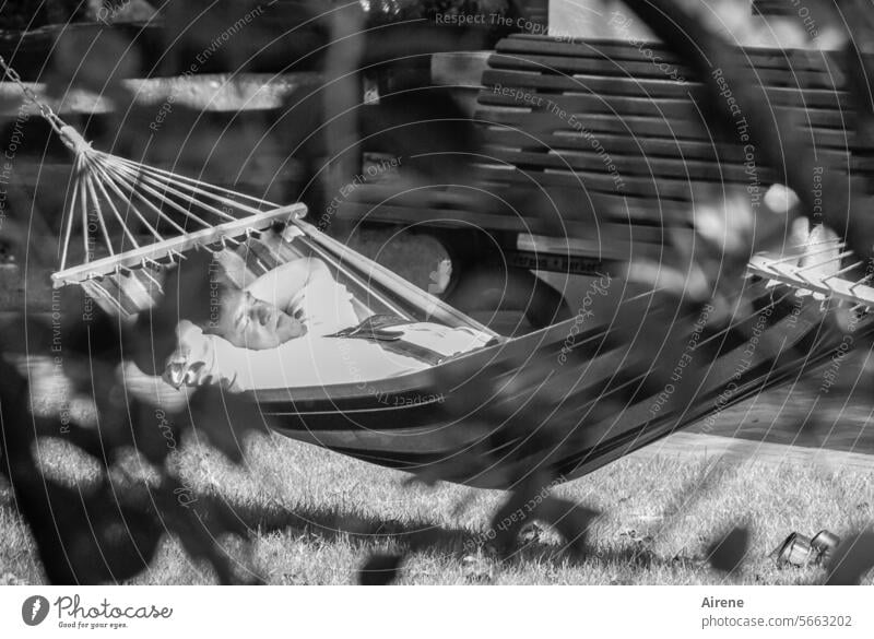 in the hammock liegen Hängematte ruhen Garten Mann schlafen erholsam Erholung Sommer Mittagsschlaf sonnig Wiese gemütlich Schlaf träumen Sonnenliege Freizeit