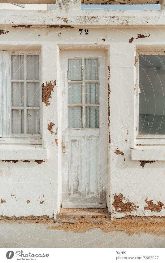 anno 72 bathe Beach vacation Changing room changing cubicle Swimming & Bathing door Window Old Derelict Decline Weathered weathered wood masonry Plaster Facade