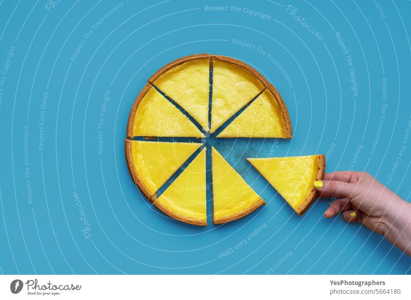 Cheesecake top view isolated on a blue background above baked bakery bright chart cheesecake citrus color colorful copy space cream crust cuisine cut out