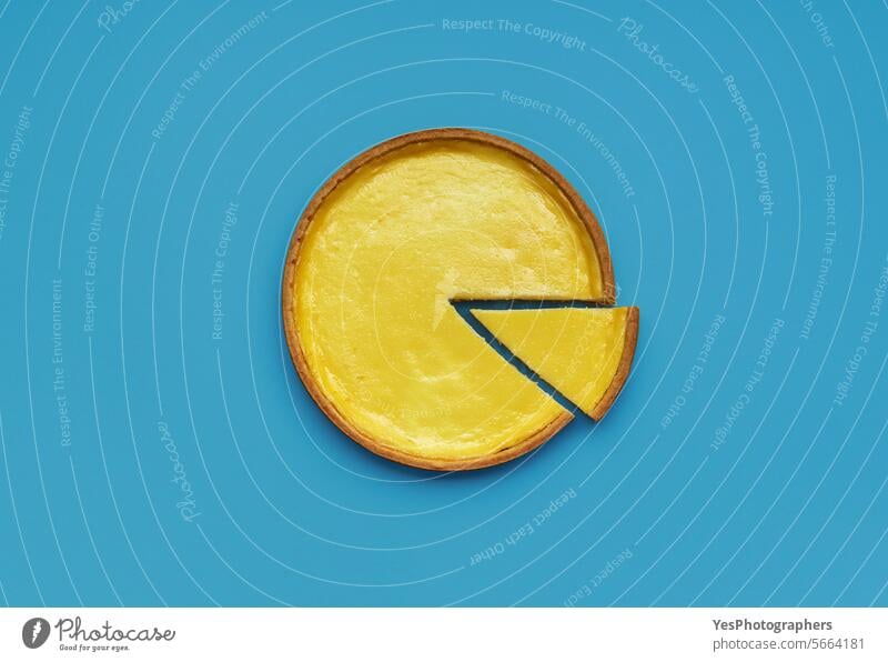 Homemade cheese pie minimalist on a blue table above background baked bakery bright cake chart cheesecake citrus color colorful copy space cream crust cuisine