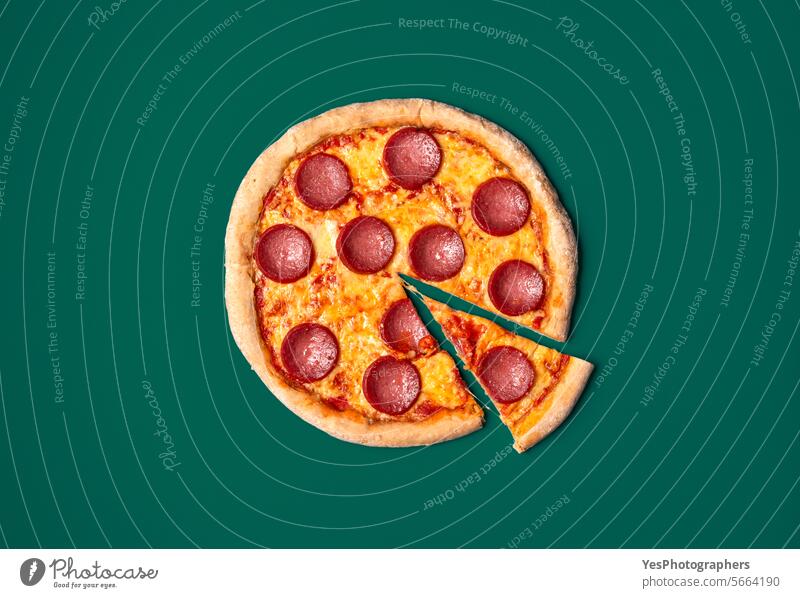 Pizza salami top view minimalist on a green background above baked bright chart cheese color colorful comfort crust cuisine delicious delivery design dinner