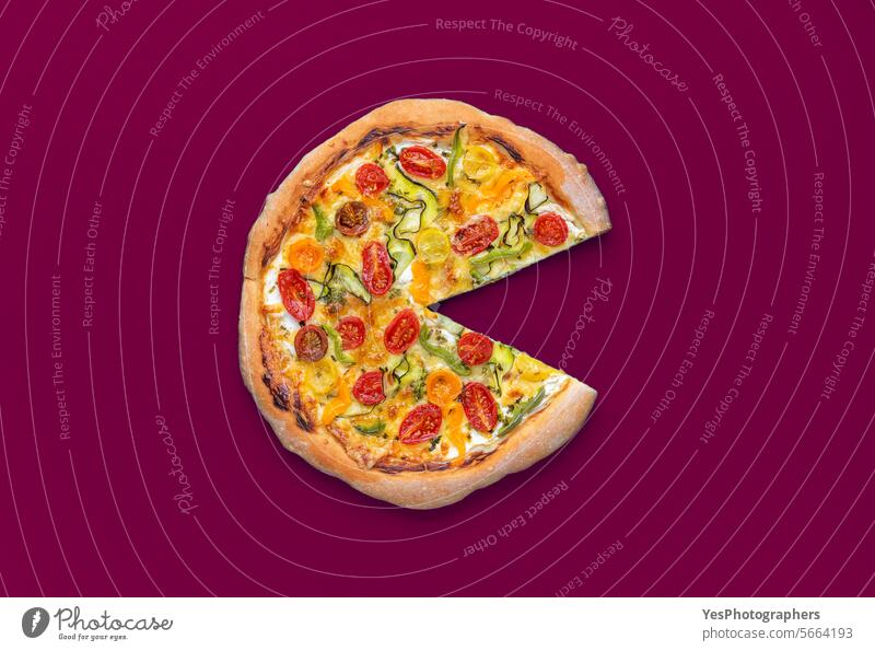 Vegetarian pizza above view minimalist on a magenta table background baked bright chart cheese color colorful comfort crust cuisine delicious diet dinner dish