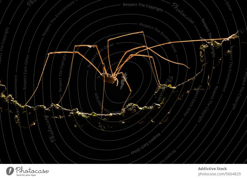 Silhouette of a spider against a dark background silhouette backlight eerie delicate pose slender leg body outline black backdrop pitch-black arachnid nature