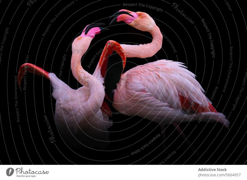 Elegant flamingos interacting against a dark background bird interaction wildlife nature plumage pink white black background elegance animal beak neck touch