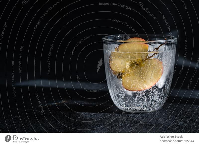 Tonic water with an apple slice in a glass set against a dark, moody background with dramatic lighting tonic drink beverage refreshment bubbly effervescent cold