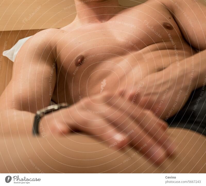 Muscular man with bare upper body lying in a bed Man muscle Six pack sexy erotic Eroticism free torso exercised muscular male chest relaxation Bed Lie fantasy