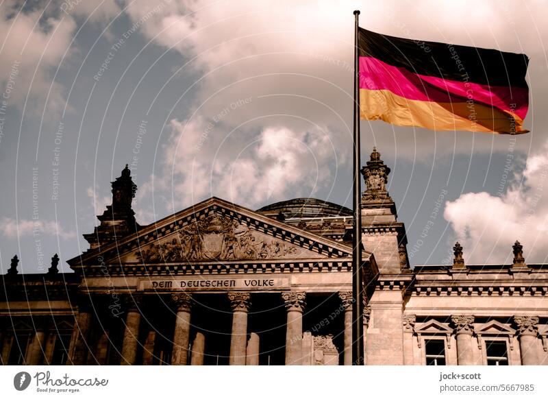 Let's see what happens to the German people Reichstag German flag Germany German Flag Politics and state Facade Depth of field Ensign Blow Sky Clouds Sunlight