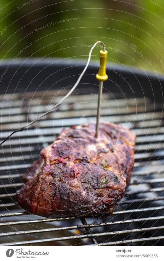 Measuring the heat in a steak Measure Thermometer Temperature ardor BBQ Measurement Meat Eating boil grilled Pork Hot Meal Frying kettle grill Dinner luscious