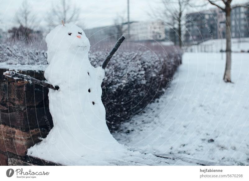 Snowman with outstretched arms on a wall with a park and housing estate in the background Winter Frost Cold Park Seasons Frozen received Open kind Effortless