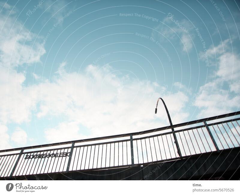 Bridge with railing and lamp in front of the sky Traffic infrastructure Environment Sky Perspective Transport Passenger traffic Bridge railing Worm's-eye view