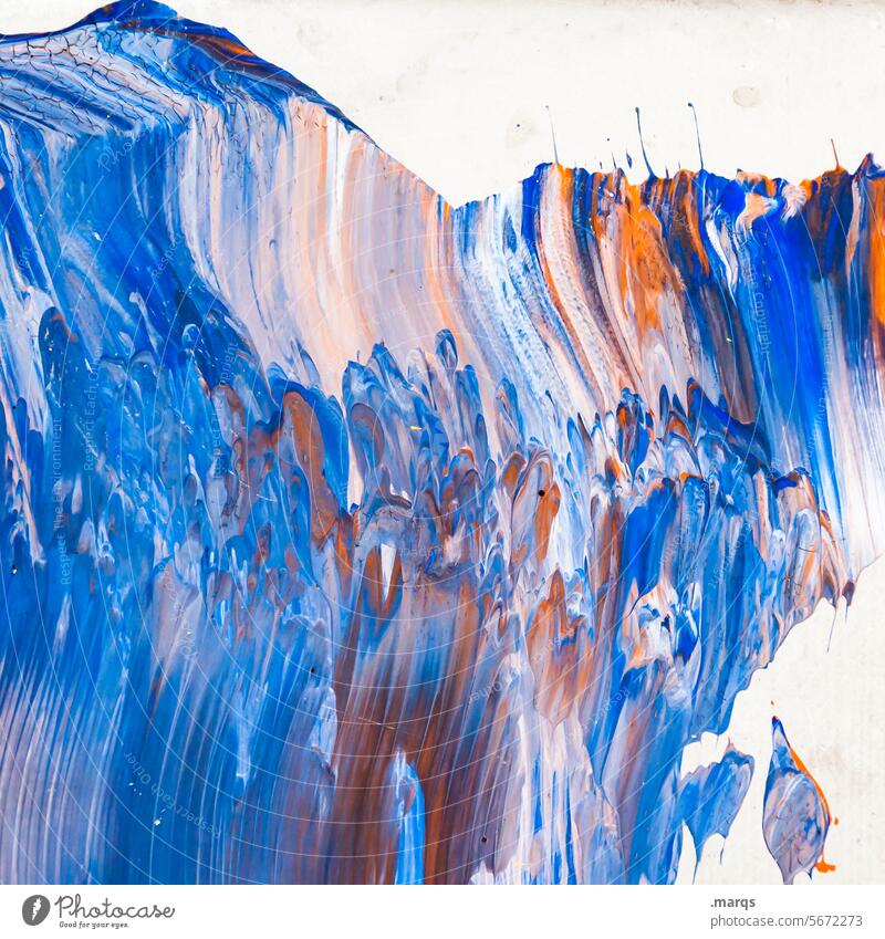 surplus Creativity Dynamics Background picture Structures and shapes Close-up Abstract Orange White Blue Dye Fluid Varnish Art Colour Wall (building) Smear