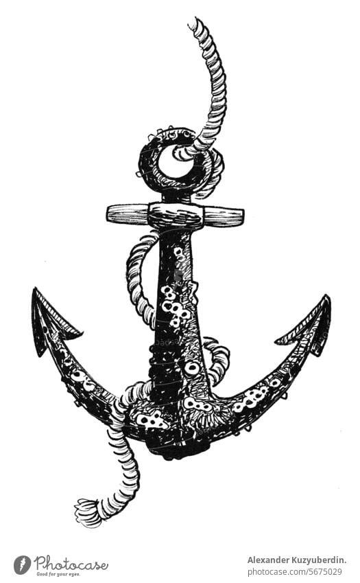 Old rusty anchor. Hand-drawn ink black and white drawing old marine nautical metal sea ocean fleet art artwork sketch