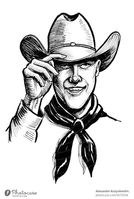 Cowboy character in hat. Hand-drawn ink black and white drawing cowboy cartoon face portrait artwork sketch retro vintage