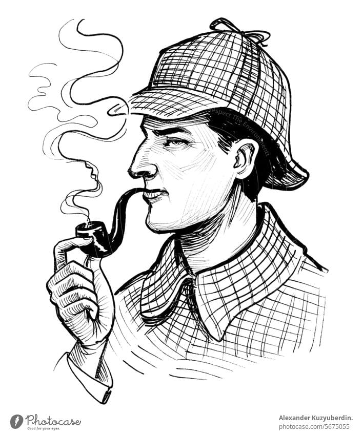 Sherlock Holmes character. Hand-drawn Ink black and white drawing Sherlocj Holmes detective british head portrait profile retro vintage art artwork sketch ink