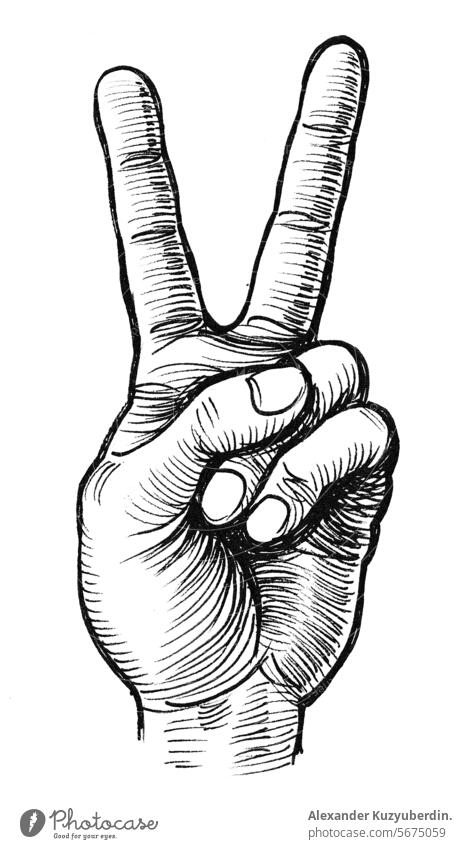 Hand making Victory sign. Hand-drawn Ink black and white sketch victory gesture hand fingers two art artwork drawing ink