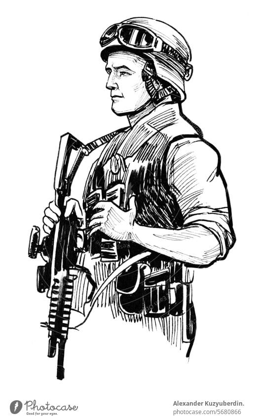 NATO soldier with automatic rifle. Ink black and white drawing warrior military uniform art artwork sketch ink