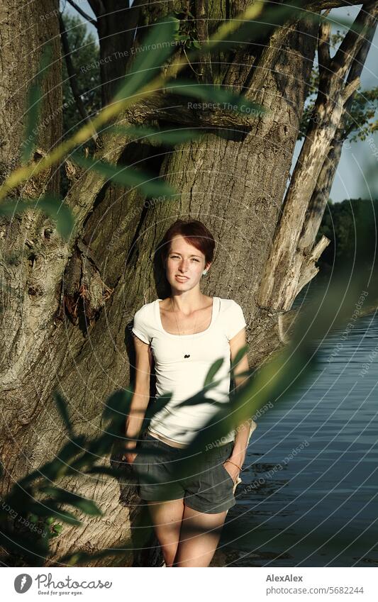 Portrait of a young, slim, beautiful woman with freckles in a white top and  shorts, leaning against a tree and slightly covered by a branch with leaves  - a Royalty Free Stock