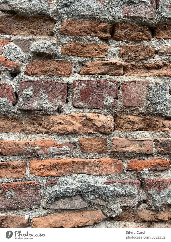 Closeup of old burnt red brick wall with selective focus on foreground plank grunge hardwood retro surface barn table timber weathered dark texture vintage