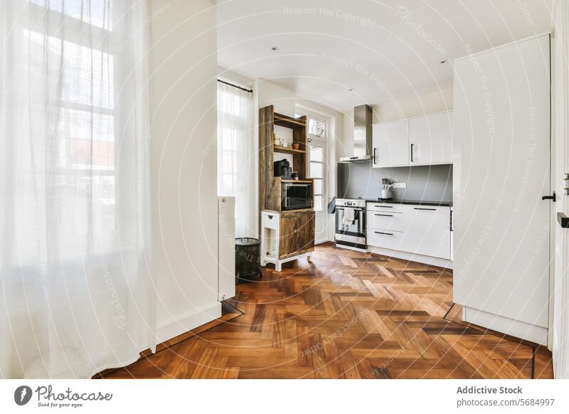 Bright modern kitchen with wooden floor and white cabinets bright herringbone cabinetry appliance rustic shelf unit interior design home decor minimalist