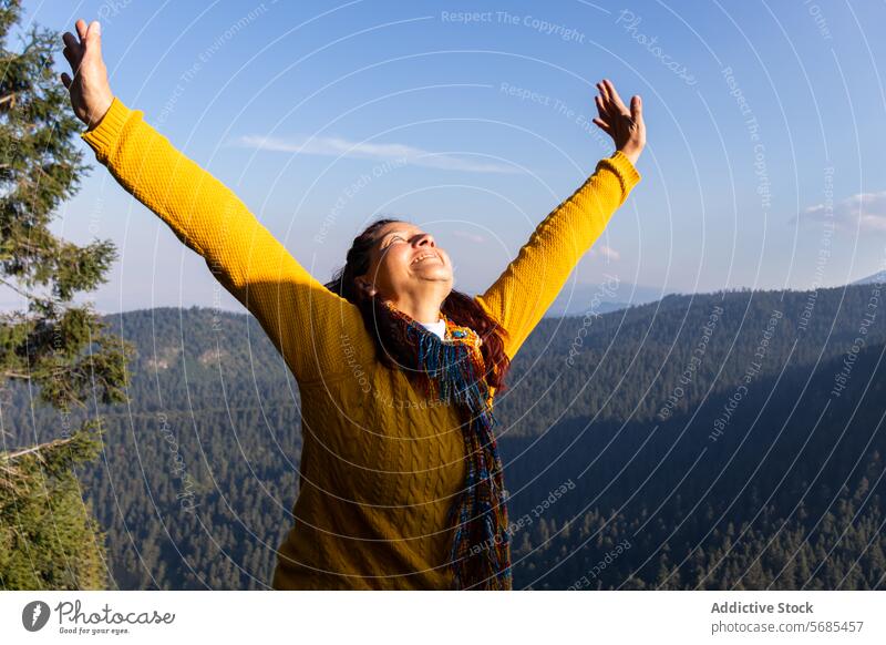 Excited woman raising hands while enjoying nature warm clothes cheerful scarf tourist sweater brunette excited arms raised happy coniferous traveler tree park