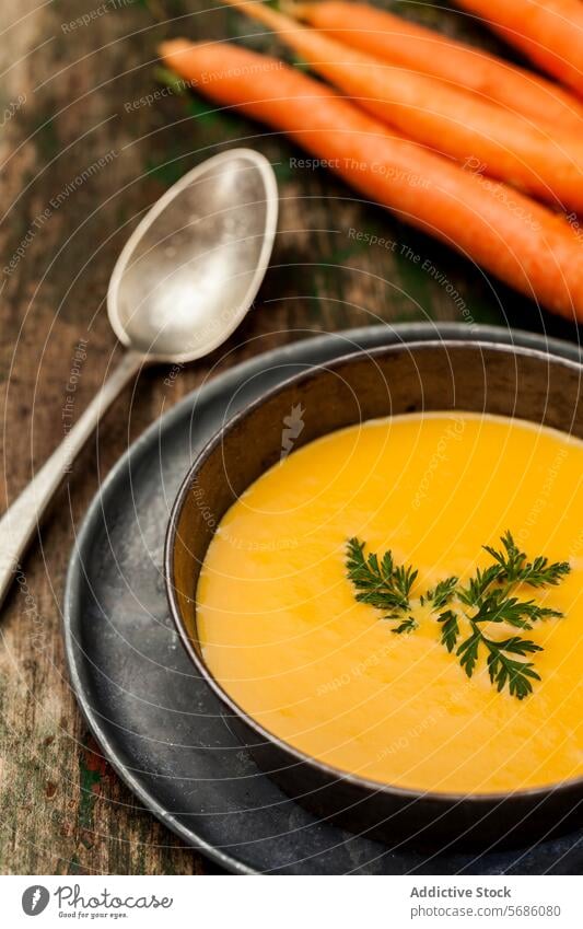 Homemade carrot soup in rustic setting bowl wooden table creamy garnish parsley fresh vintage spoon homemade meal food nutrition healthy vegetable lunch dinner
