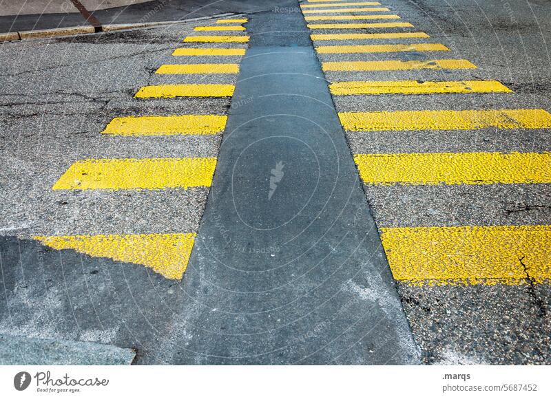 Separate ways Middle Street Zebra crossing Yellow Gray Asphalt Traffic infrastructure Lanes & trails Target Life Stripe Safety Symbols and metaphors Pedestrian