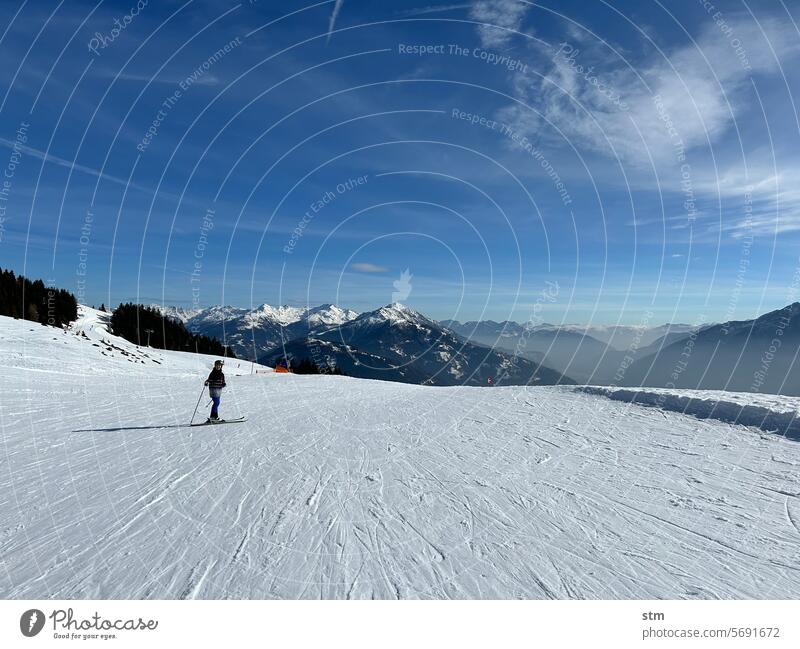 Skiing in glorious weather skis Winter sports Ski piste Ski-run panorama mountain panorama Haze magnificent weather Snow Alps mountains Peak snowy peaks Sports