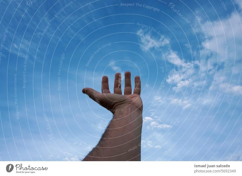 man hand raised in the blue sky arm fingers skin palm palm of hand body part hand up arm raised touching feeling reaching pointing gesture gesturing concept