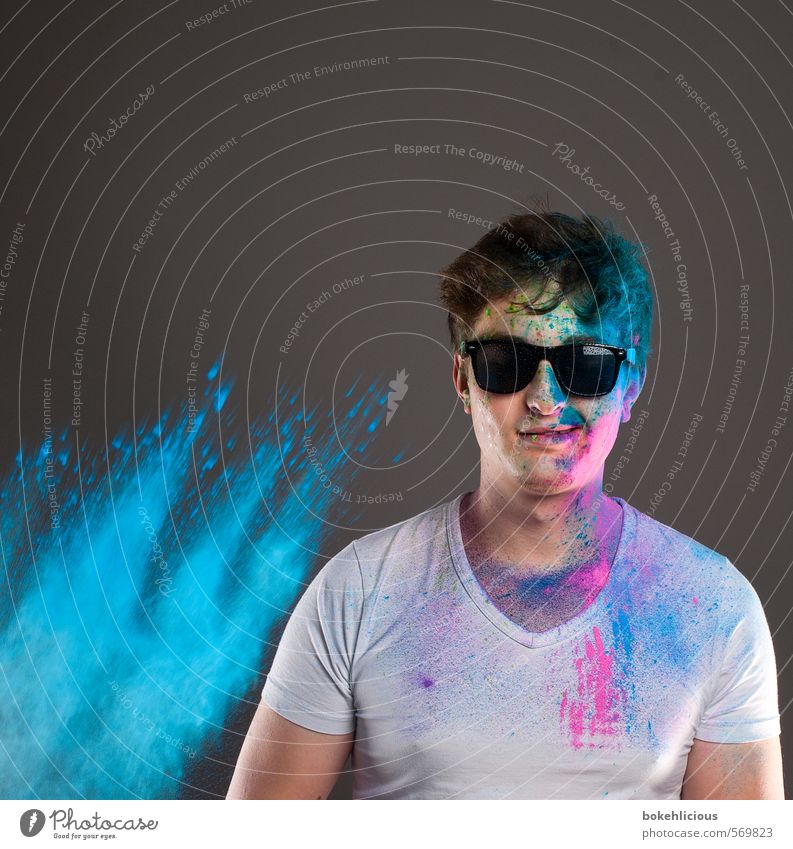 In Your Face 14 Human being Masculine Young man Youth (Young adults) 18 - 30 years Adults holi Blue Sunglasses Dirty Dye Multicoloured Gray T-shirt Laughter