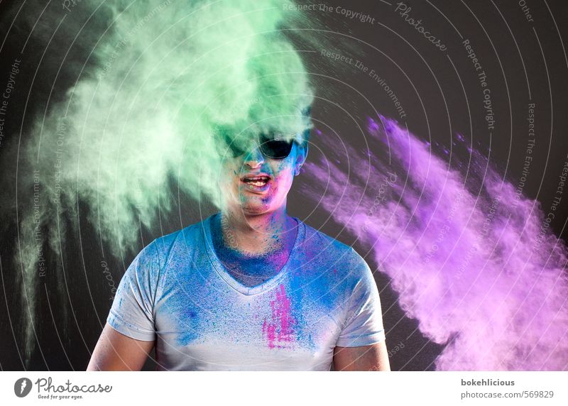 In your Face 9 Human being Masculine Young man Youth (Young adults) 1 18 - 30 years Adults Breathe Speed Grimace Sunglasses Green Violet T-shirt White holi