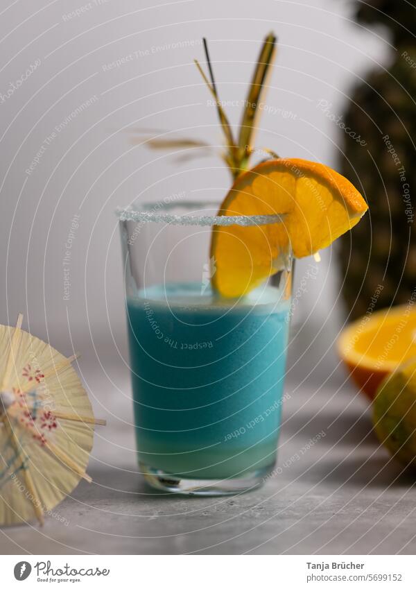 Blue summer cocktail with orange and pineapple Cocktail Beverage Bar Longdrink Alcoholic drinks non-alcoholic Feasts & Celebrations Summer Party Lifestyle