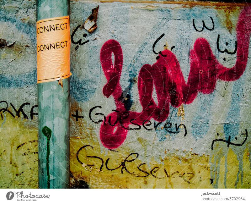CONNECT CONNECT Rain gutter Connect Street art Graffiti Word English Capital letter Creativity Wall (building) Weathered Subculture Spray Handwritten Name urban